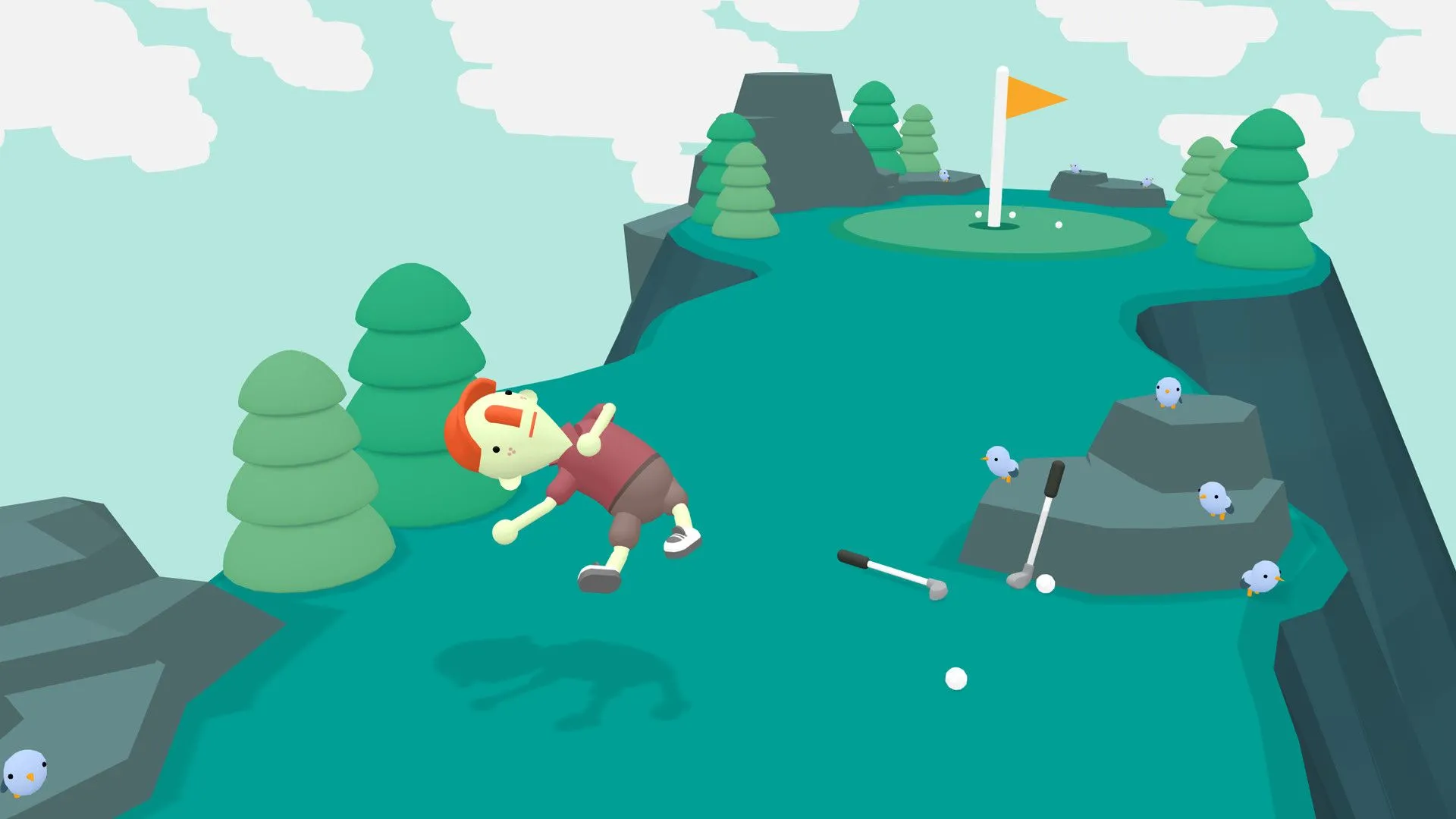 Góc nhìn độc đáo trong What the Golf?, minh họa một màn chơi phá cách, không tuân theo luật golf truyền thống, nhấn mạnh yếu tố hài hước và bất ngờ trong gameplay.