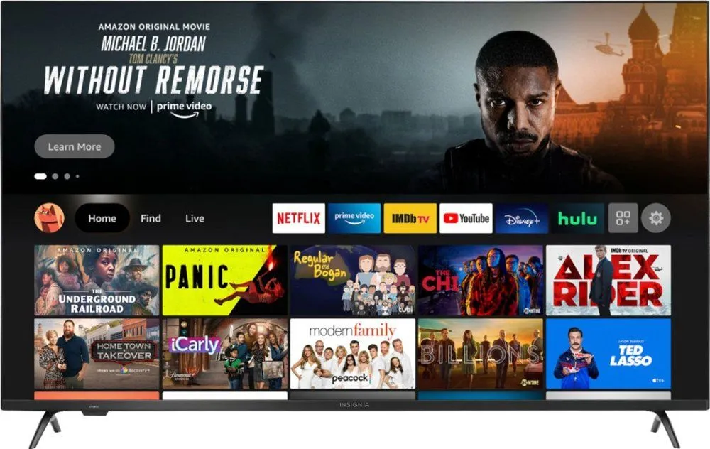Góc nhìn tổng thể Smart TV Insignia 75 inch với thiết kế màn hình lớn, tích hợp công nghệ 4K mang đến hình ảnh chi tiết.