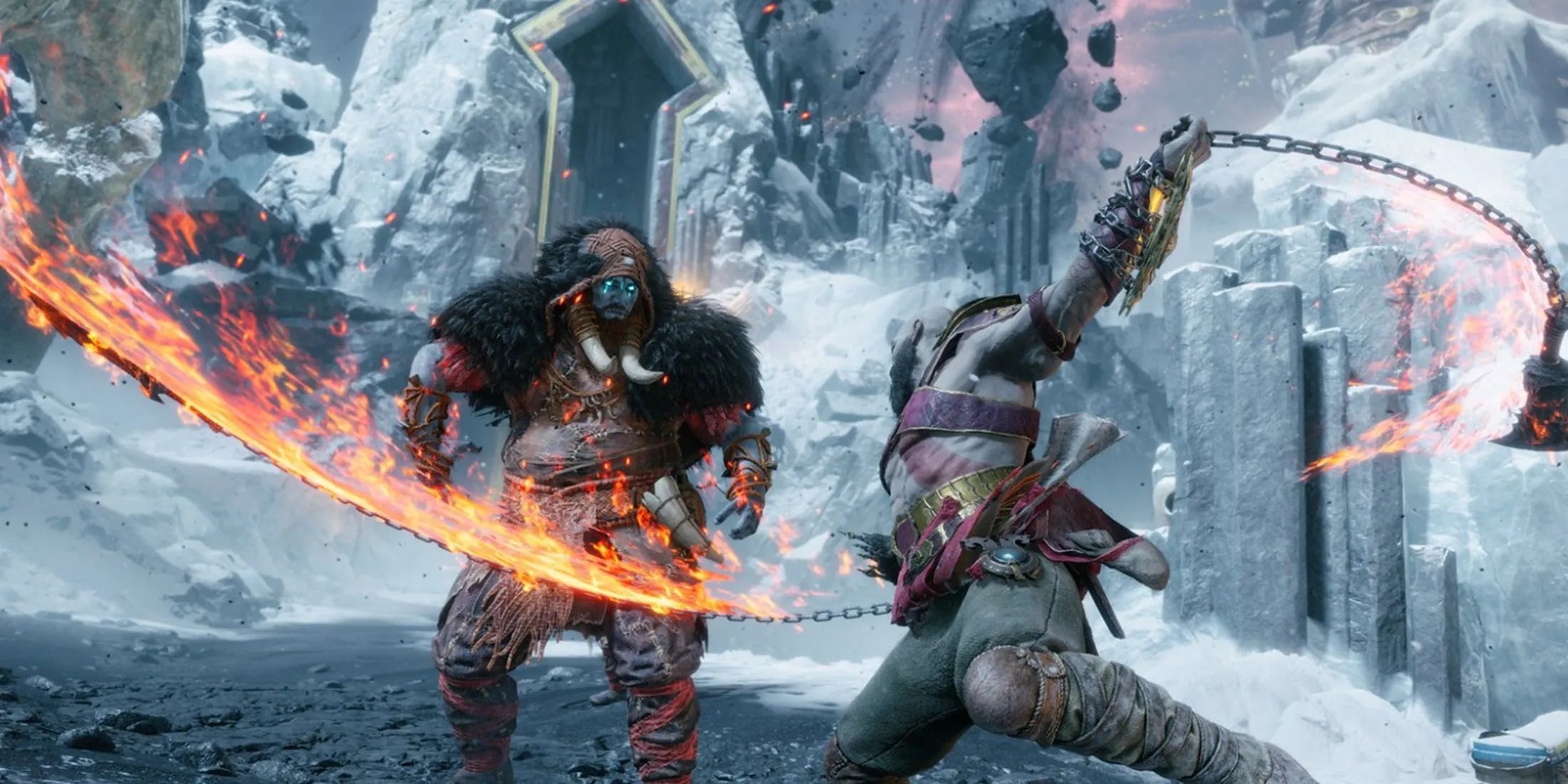 God of War Ragnarok Kratos cầm Rìu Leviathan và Lưỡi Dao Hỗn Loạn trong cuộc chiến khốc liệt