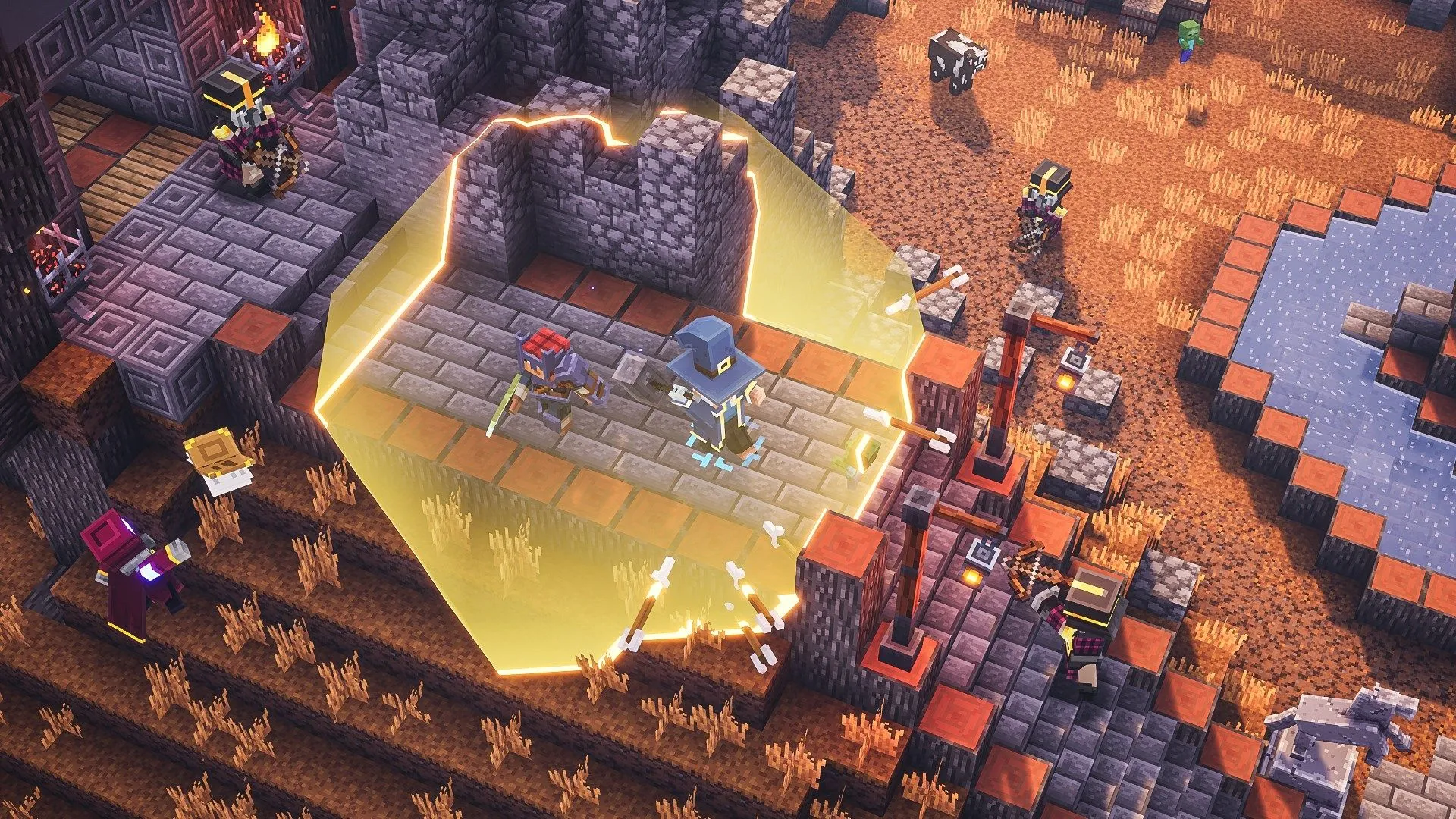 Hai người chơi khám phá hầm ngục lâu đài trong Minecraft Dungeons, minh họa gameplay co-op.