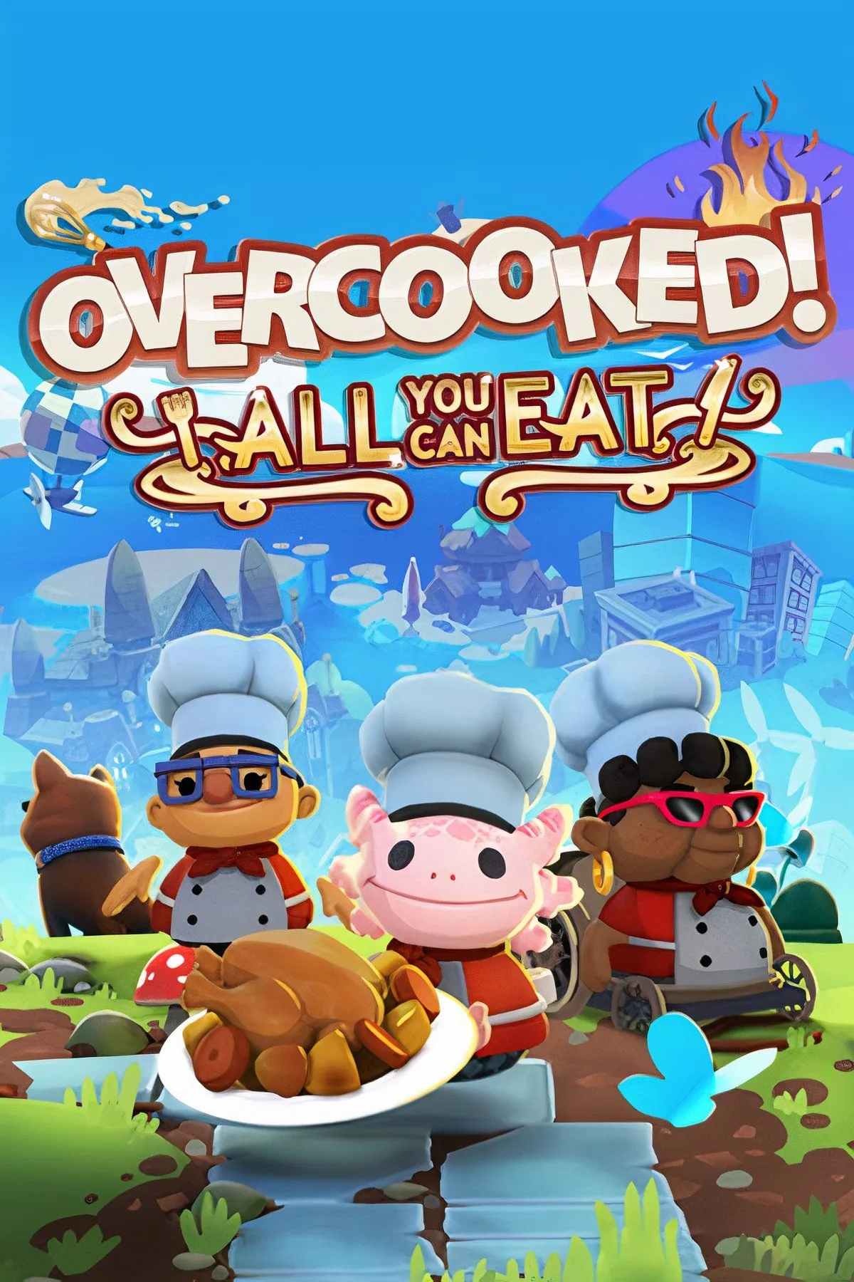Hai nhân vật hoạt hình đang nấu ăn hỗn loạn trong một nhà bếp kỳ quái của game Overcooked All You Can Eat