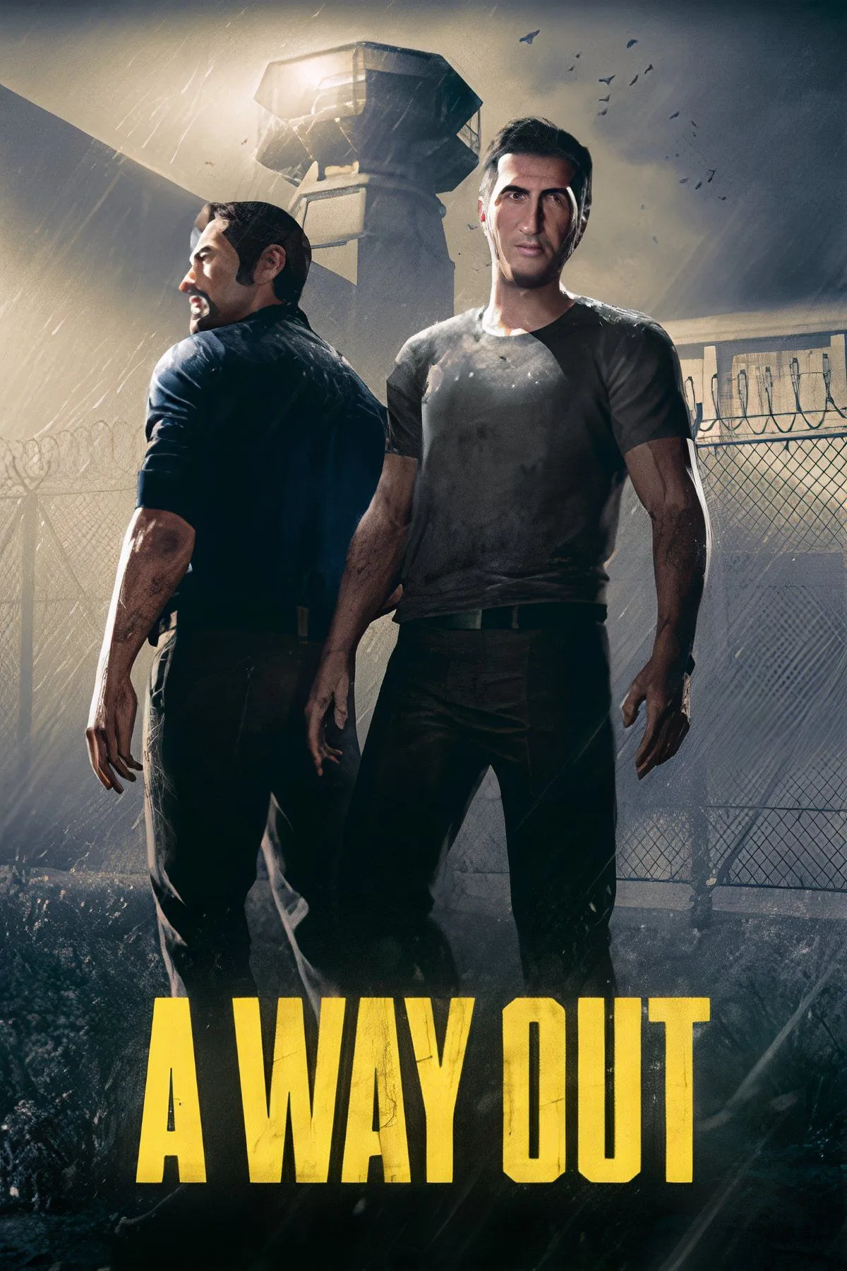 Hai nhân vật trong game A Way Out đang hợp tác vượt ngục, hiển thị màn hình chia đôi đặc trưng của chế độ co-op