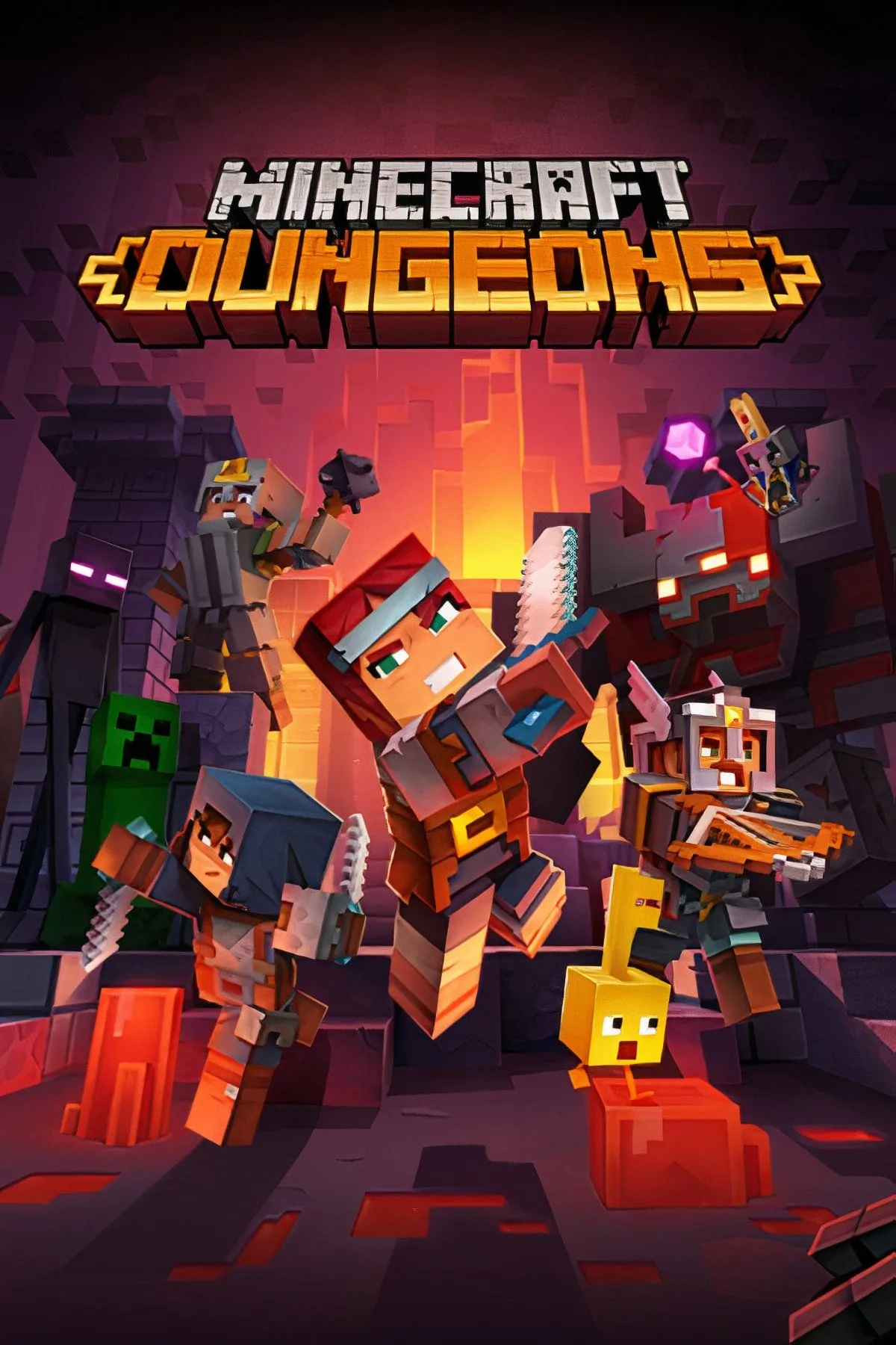 Hai nhân vật trong Minecraft Dungeons chiến đấu chống lại quái vật xương trong một hang động