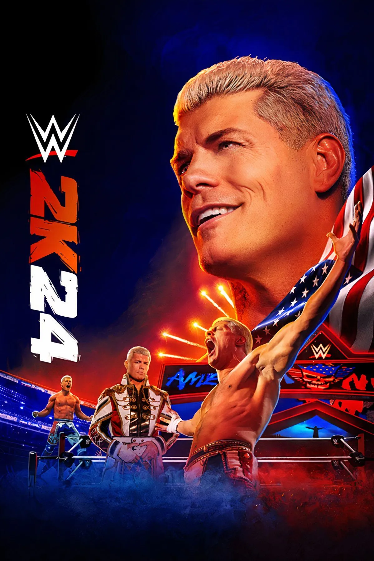 Hai võ sĩ đô vật trong game WWE 2K24 đang đối đầu quyết liệt trên sàn đấu.