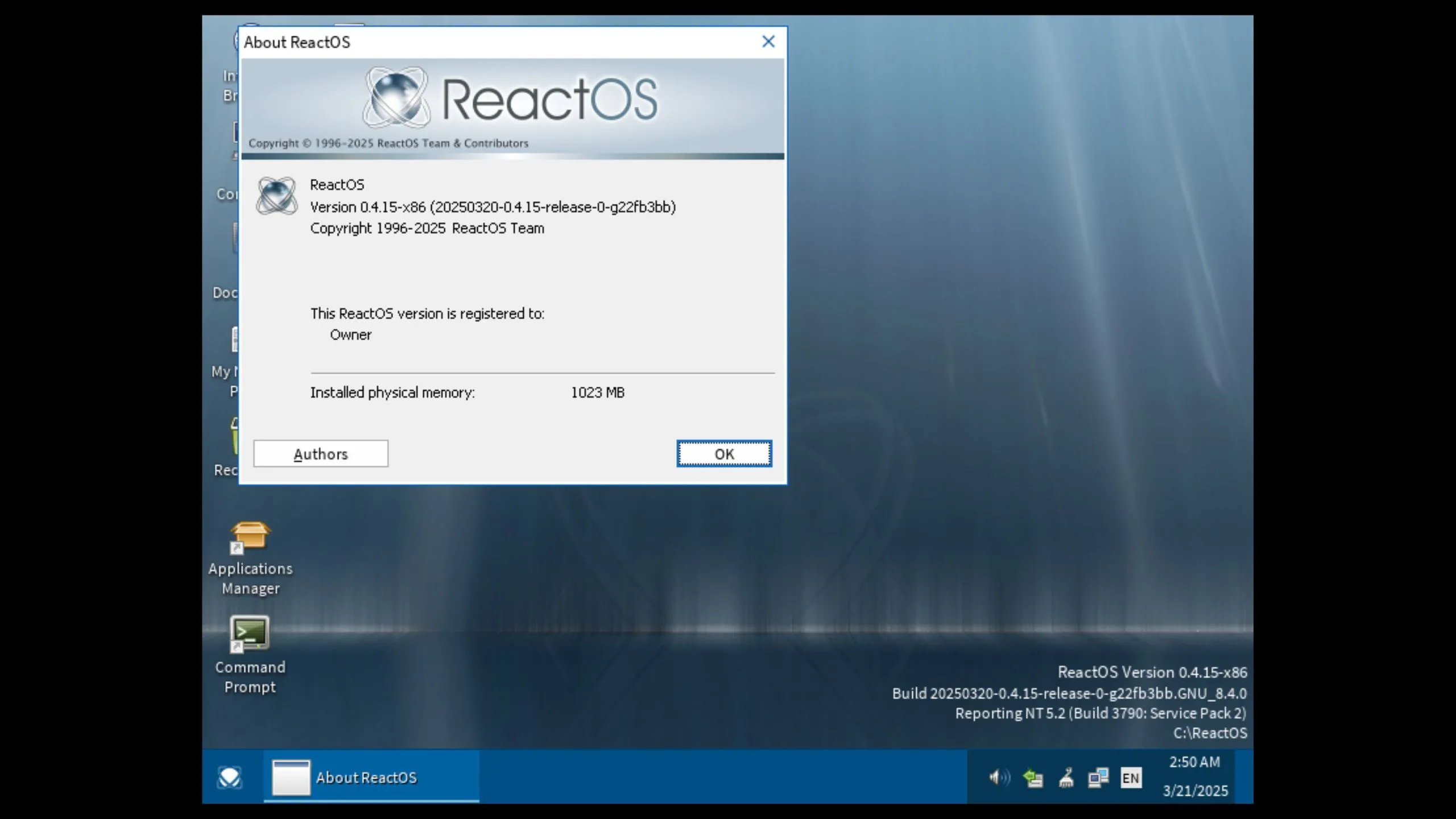 Hệ điều hành ReactOS 0.4.15 với giao diện Mizu mặc định