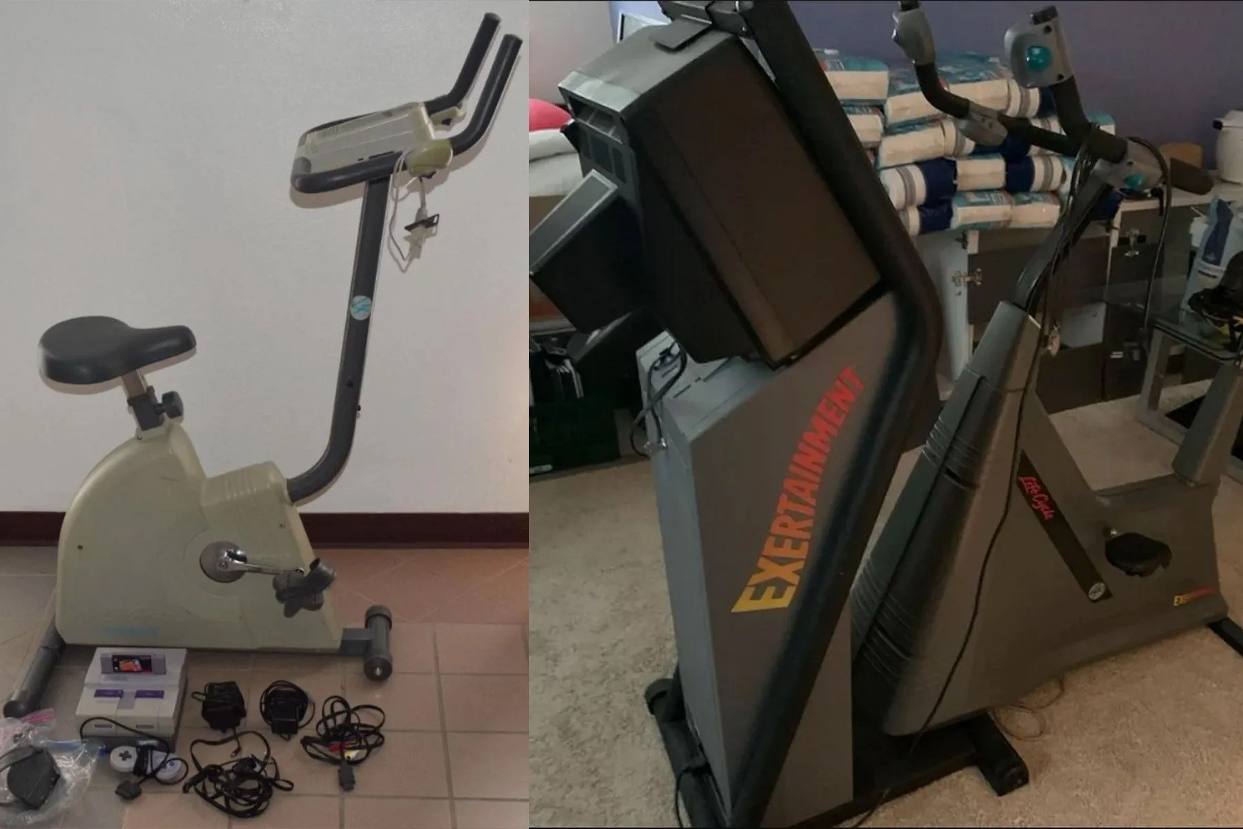 Hệ thống Life Fitness Exertainment cho SNES với cả hai mẫu dành cho gia đình và phiên bản thương mại, thể hiện sự kết hợp độc đáo giữa tập luyện thể chất và chơi game.