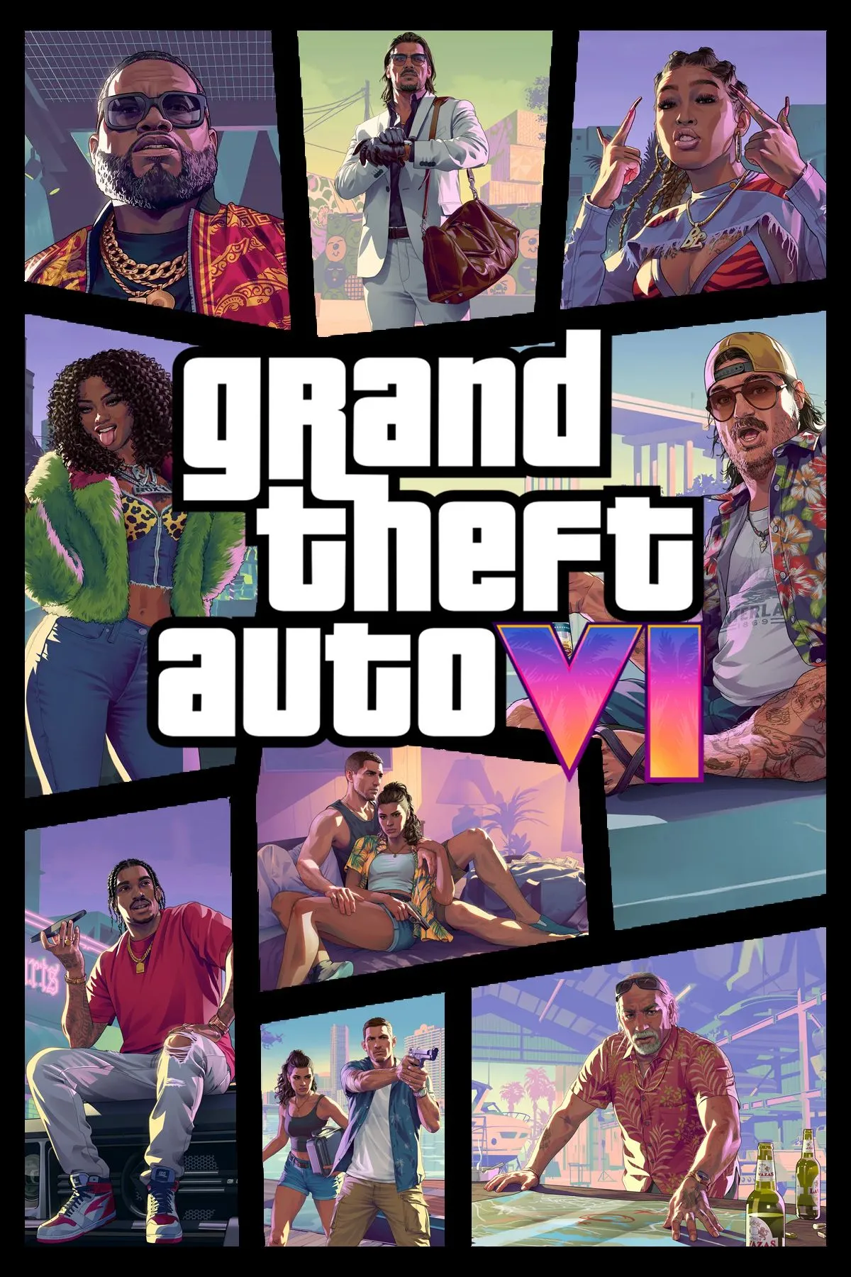 Hình ảnh bìa game Grand Theft Auto 6, thể hiện phong cách Vice City với Lucia và Jason, biểu tượng của sự mong đợi trong ngành game.