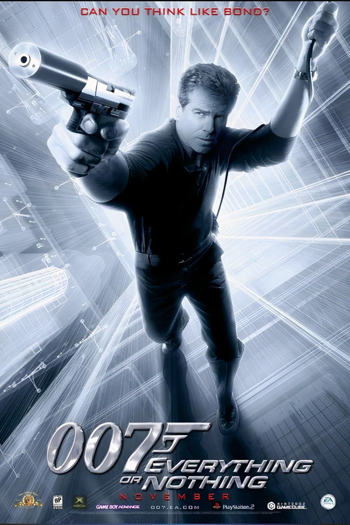 Hình ảnh bìa game James Bond 007: Everything or Nothing với Pierce Brosnan trong vai Bond, tượng trưng cho một tựa game hành động xuất sắc.