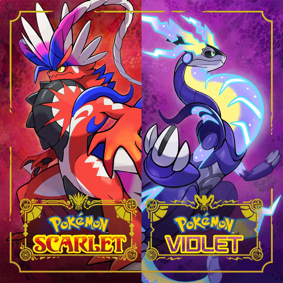 Hình ảnh bìa game Pokémon Scarlet và Violet với hai Pokémon huyền thoại Koraidon và Miraidon, minh họa cho chất lượng đồ họa cần cải thiện của dòng game Pokémon.