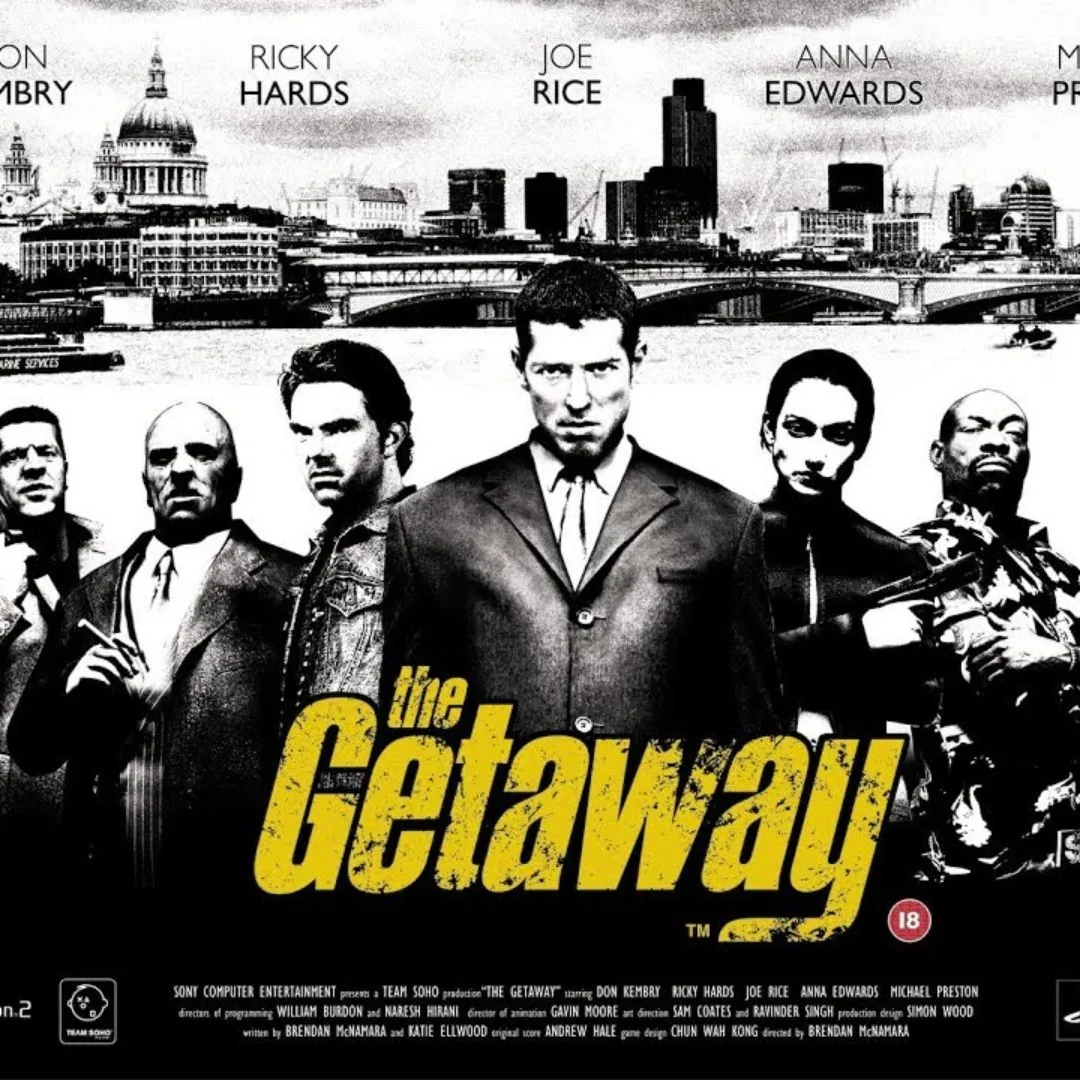 Hình ảnh bìa game The Getaway, thể hiện bối cảnh đường phố London với ô tô và nhân vật chính.