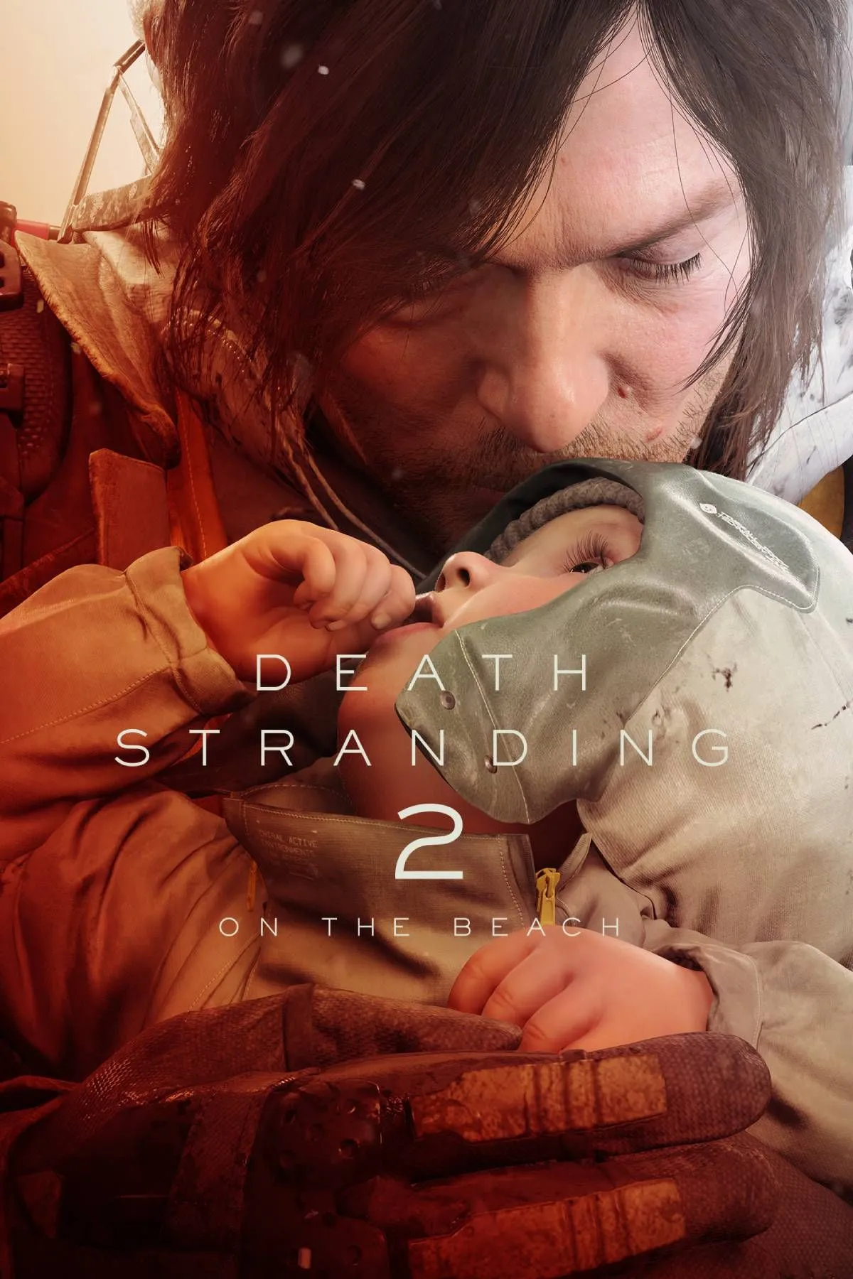 Hình ảnh bìa trò chơi Death Stranding 2: On the Beach, với nhân vật Sam Porter Bridges trong trang phục đặc trưng và bối cảnh hậu tận thế ấn tượng.