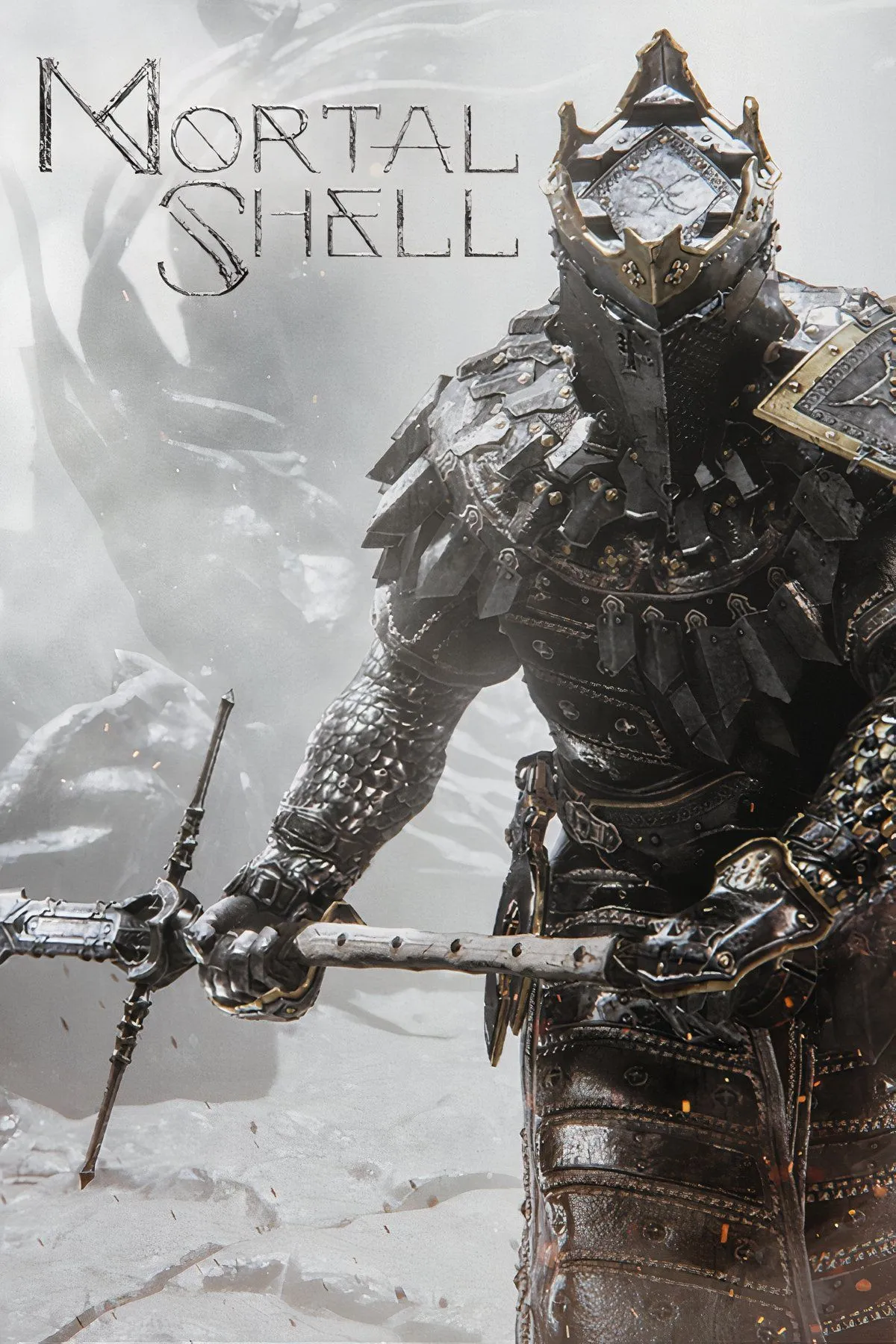 Hình ảnh cận cảnh nhân vật trong game Mortal Shell với bộ giáp và vũ khí đặc trưng, thể hiện lối chơi Soulslike đầy thử thách.