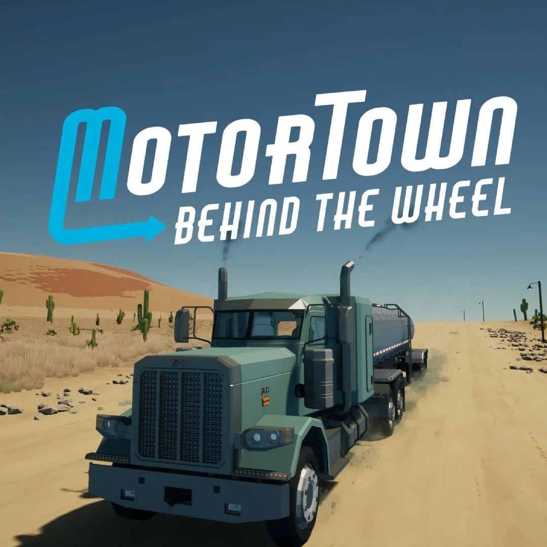 Hình ảnh đồ họa low-poly của xe tải đang lái trên đường làng trong Motor Town: Behind The Wheel, minh họa game mô phỏng lái xe vận chuyển thư giãn.