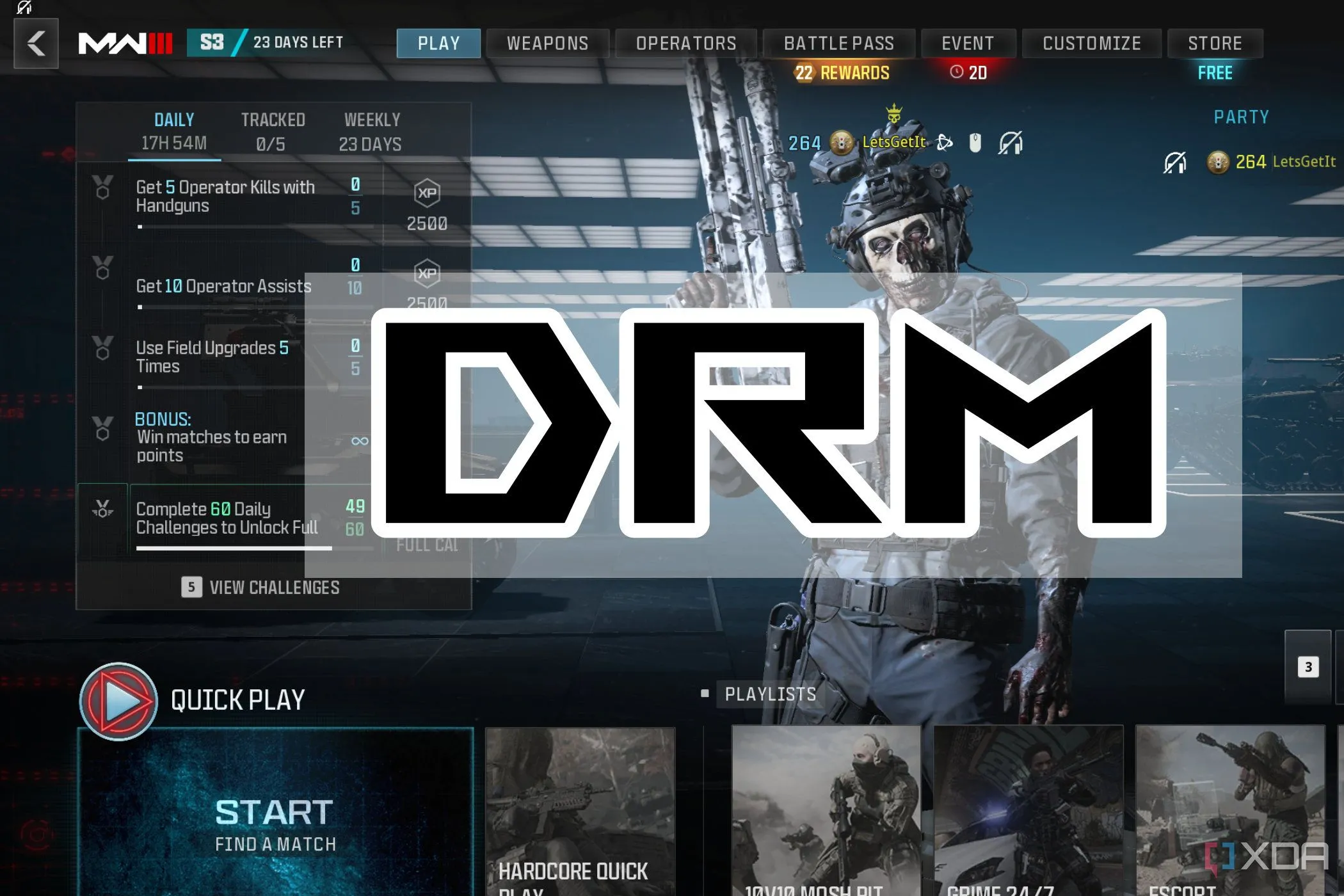Hình ảnh game Call of Duty: Modern Warfare 3 với dòng chữ về hệ thống quản lý bản quyền số DRM overlay, biểu tượng cho chính sách chống người tiêu dùng trong ngành game.