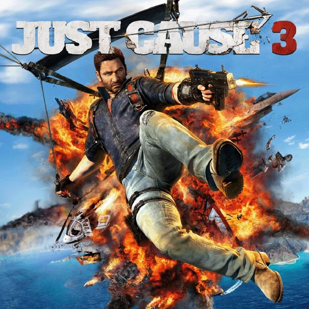Hình ảnh game Just Cause 3, thể hiện nhân vật Rico Rodriguez đang bay lượn trên một cảnh quan đầy vụ nổ và hỗn loạn, minh họa gameplay phá hủy đặc trưng.