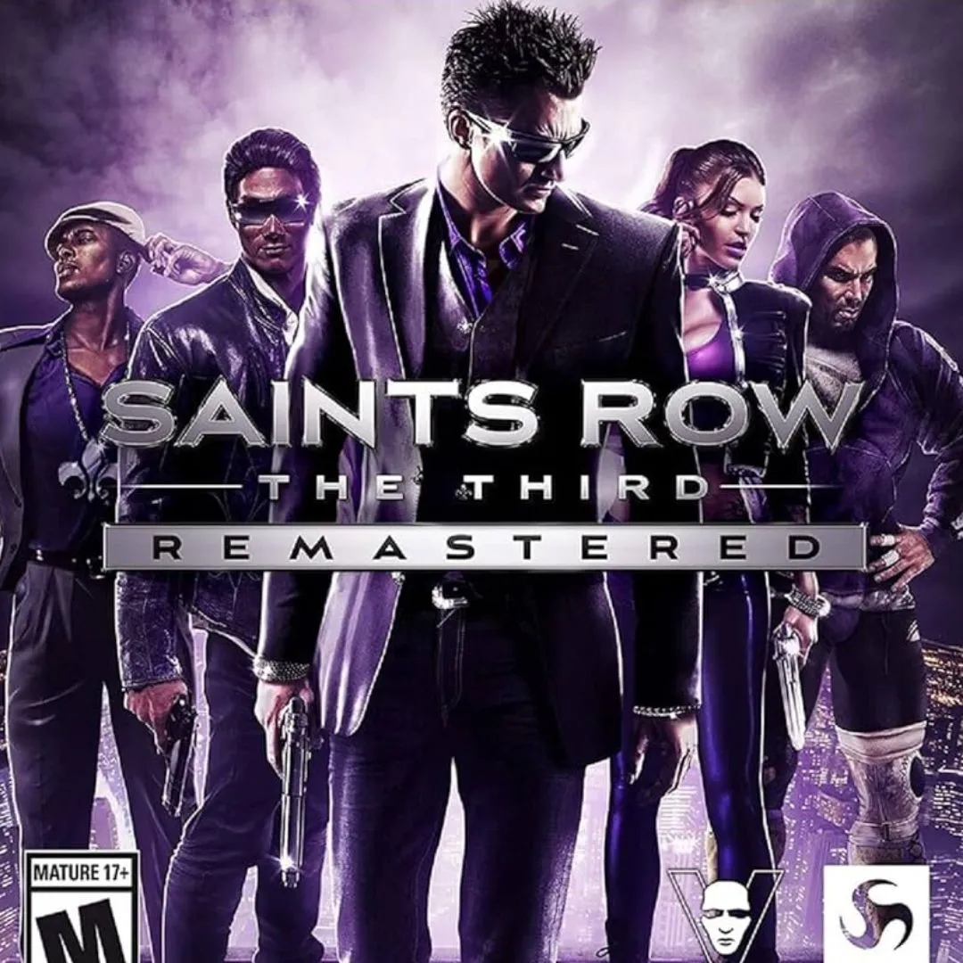 Hình ảnh game Saints Row The Third Remastered, với nhân vật chính cùng đồng đội tham gia một cuộc đấu súng hỗn loạn trên đường phố đô thị.