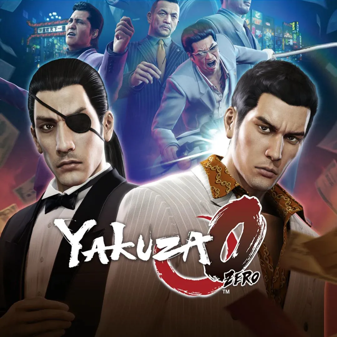 Hình ảnh game Yakuza 0, miêu tả hai nhân vật chính Kiryu Kazuma và Goro Majima trong bối cảnh đường phố neon sầm uất của Nhật Bản thập niên 80.