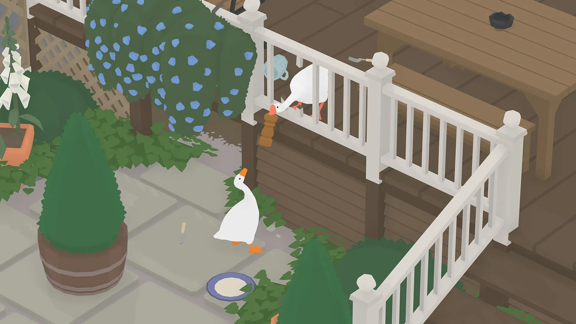 Hình ảnh gameplay của Untitled Goose Game, thể hiện chú ngỗng tinh quái đang gây hỗn loạn trong làng, làm bật lên tính hài hước tình huống của game.
