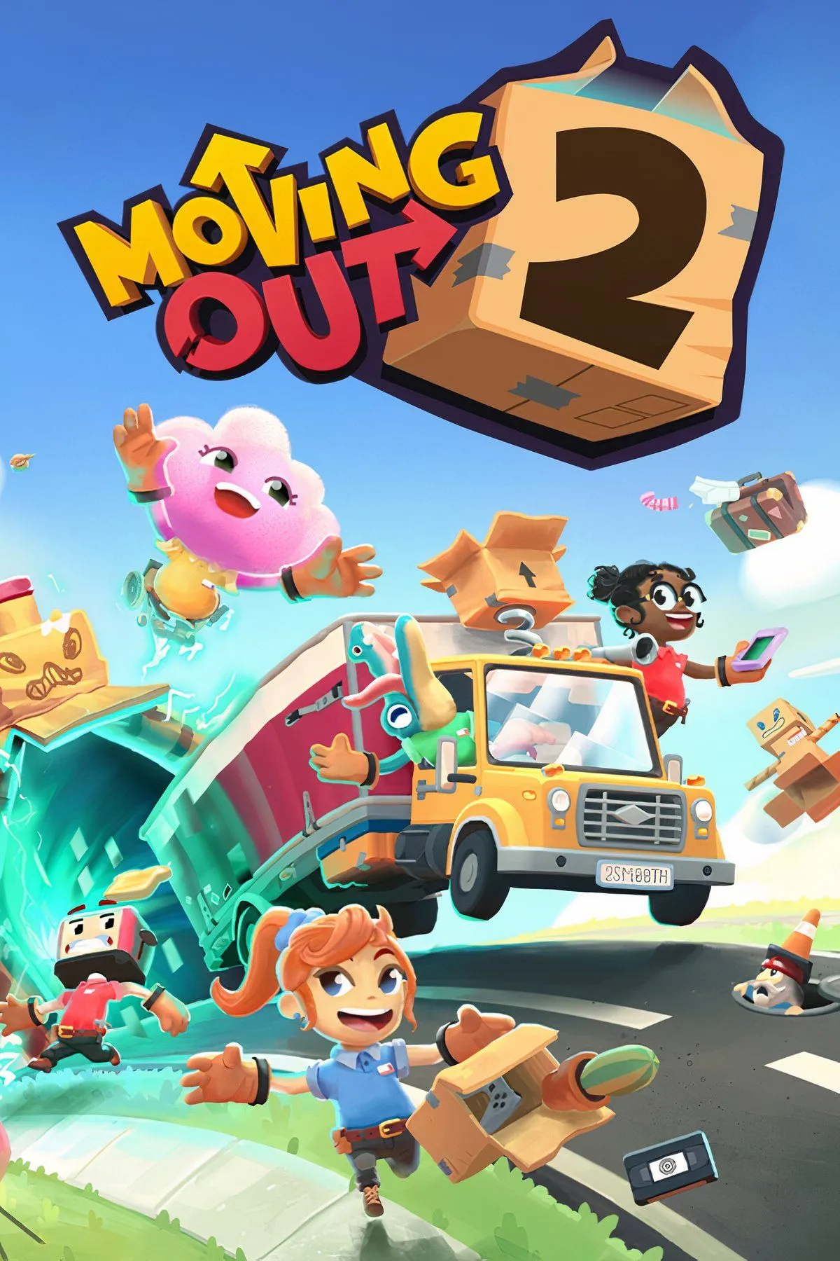 Hình ảnh gameplay Moving Out 2 với các nhân vật hoạt hình đang vận chuyển đồ đạc một cách hài hước