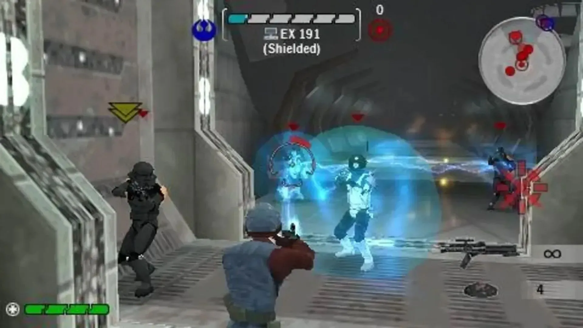 Hình ảnh gameplay Star Wars Battlefront: Renegade Squadron trên PSP, thể hiện chiến trường rộng lớn với các binh sĩ Star Wars.