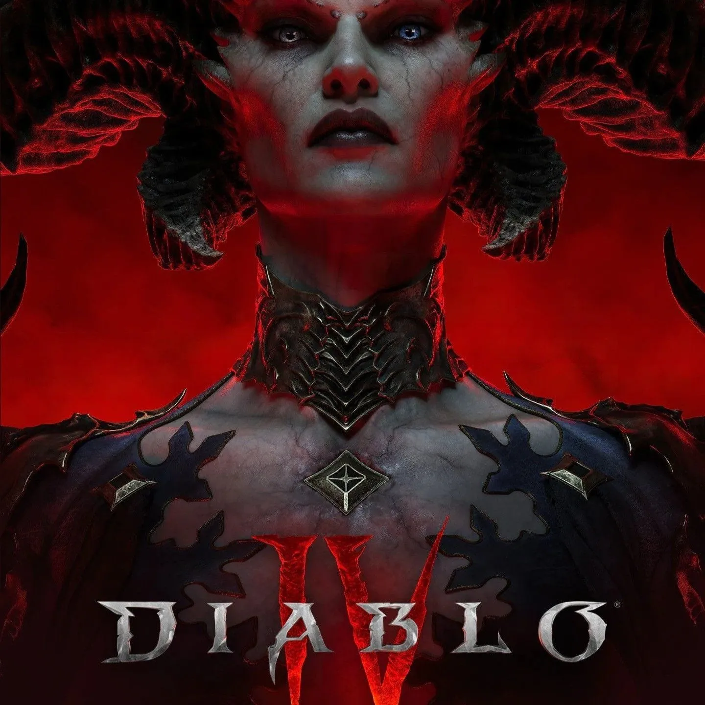 Hình ảnh hộp game Diablo IV với biểu tượng của Lilith và các nhân vật đang chiến đấu trong nền