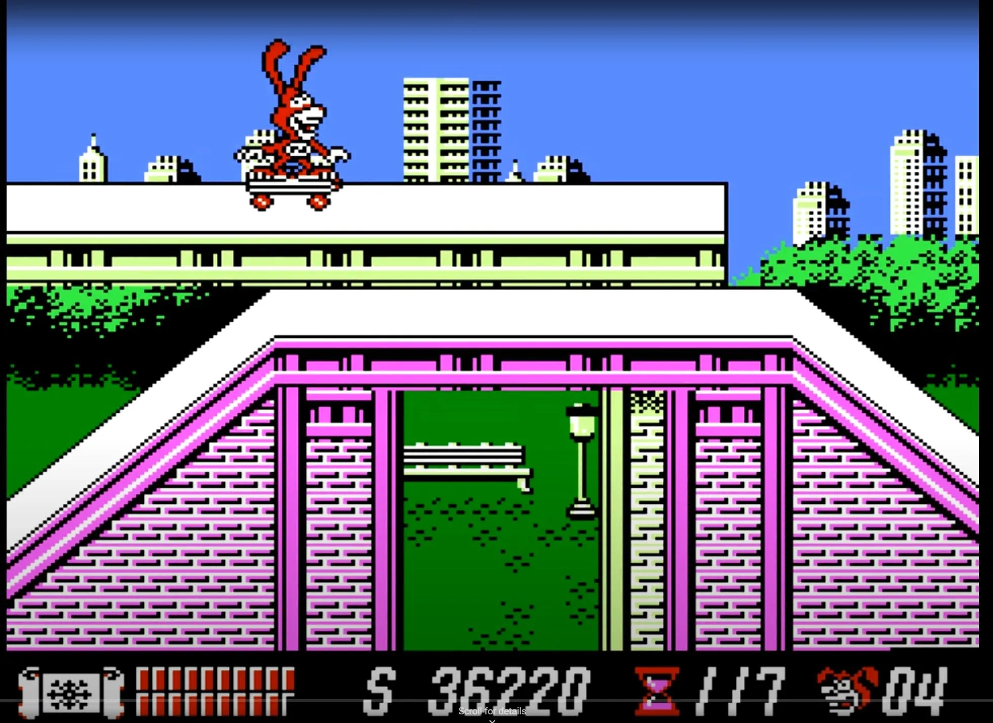 Hình ảnh linh vật Noid trượt ván trong game Yo! Noid trên hệ máy NES.