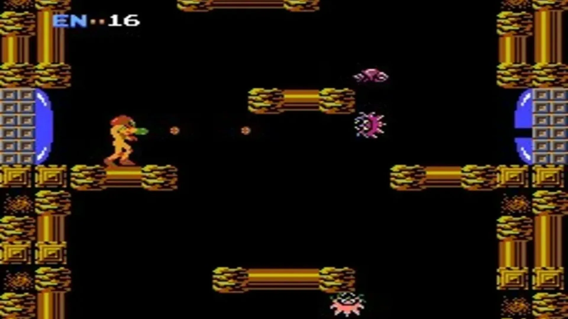 Hình ảnh lối chơi từ tựa game Metroid gốc trên NES với đồ họa 8-bit và Samus Aran