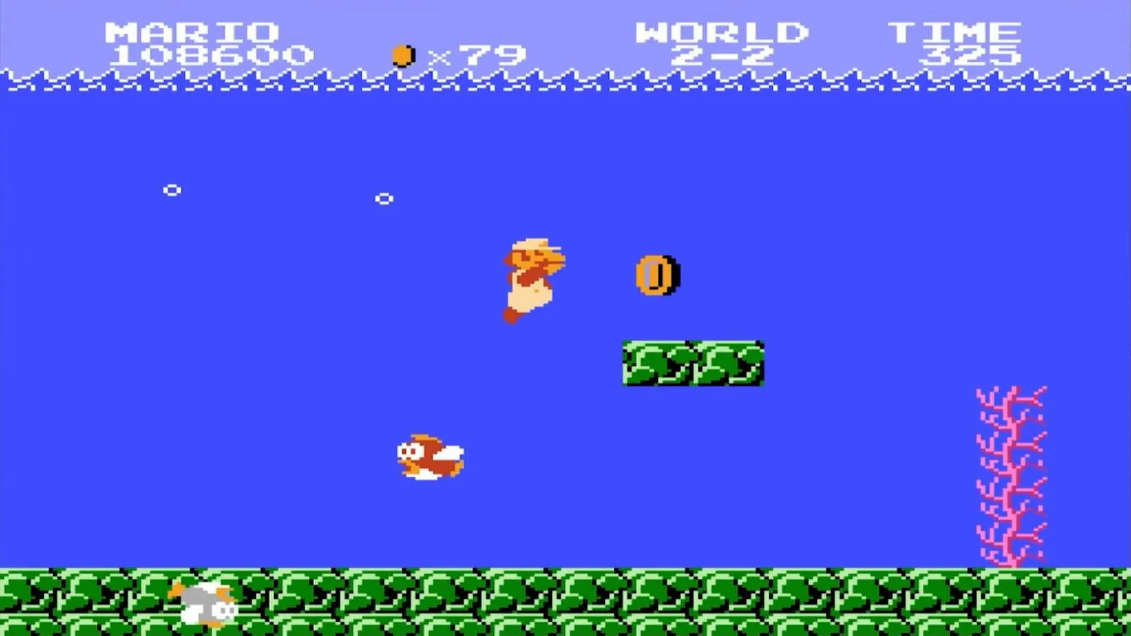 Hình ảnh màn chơi dưới nước trong Super Mario Bros. trên NES, game đặt nền móng cho thể loại platformer.