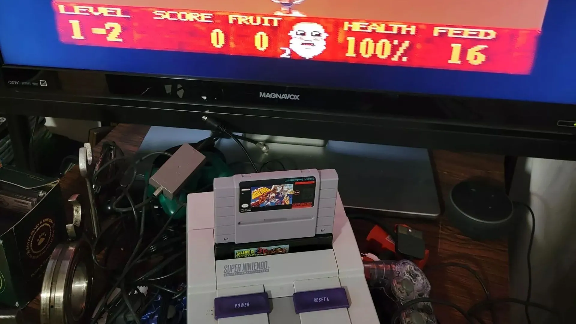 Hình ảnh màn hình game &quot;Super Noah's Ark 3D&quot; trên giả lập SNES, thể hiện khả năng tái tạo đồ họa 2D cổ điển một cách hoàn hảo.