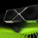 Hình ảnh marketing card đồ họa NVIDIA GeForce RTX 5080 trên nền xanh lá, thể hiện thiết kế của GPU này, minh họa cho phần đánh giá hiệu năng RTX 5080.