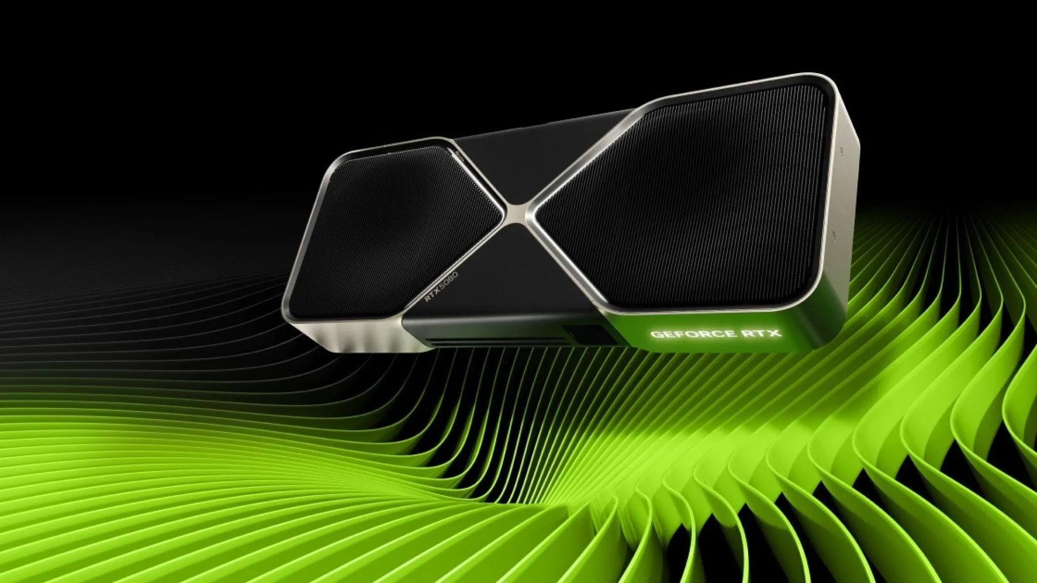 Hình ảnh marketing card đồ họa NVIDIA GeForce RTX 5080 trên nền xanh lá, thể hiện thiết kế của GPU này, minh họa cho phần đánh giá hiệu năng RTX 5080.