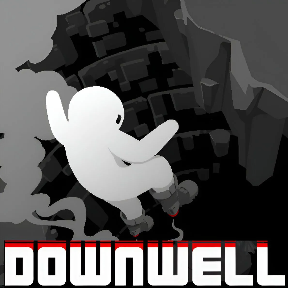 Hình ảnh minh họa game Downwell, một trò chơi hành động roguelike với đồ họa pixel đen trắng