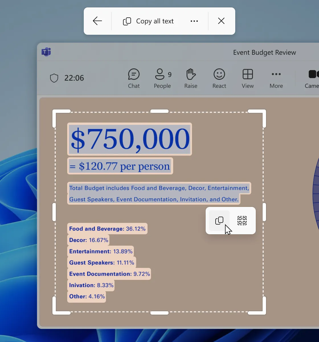 Hình ảnh minh họa tính năng trích xuất chữ từ hình ảnh trong Snipping Tool trên Windows 11