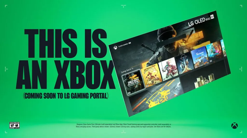 Hình ảnh minh họa ứng dụng Xbox Cloud Gaming trên màn hình LG Smart TV, thể hiện khả năng chơi game AAA trực tuyến tiện lợi.