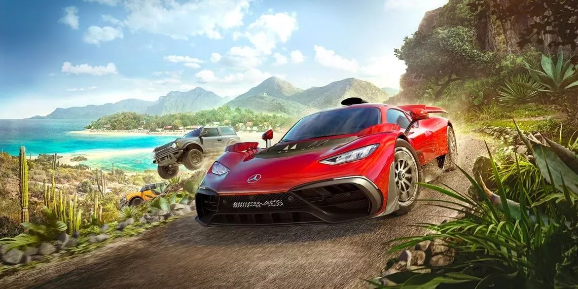 Hình ảnh nghệ thuật chính của Forza Horizon 5 với nhiều loại xe và cảnh quan Mexico, biểu trưng cho sự tự do trong thế giới mở.