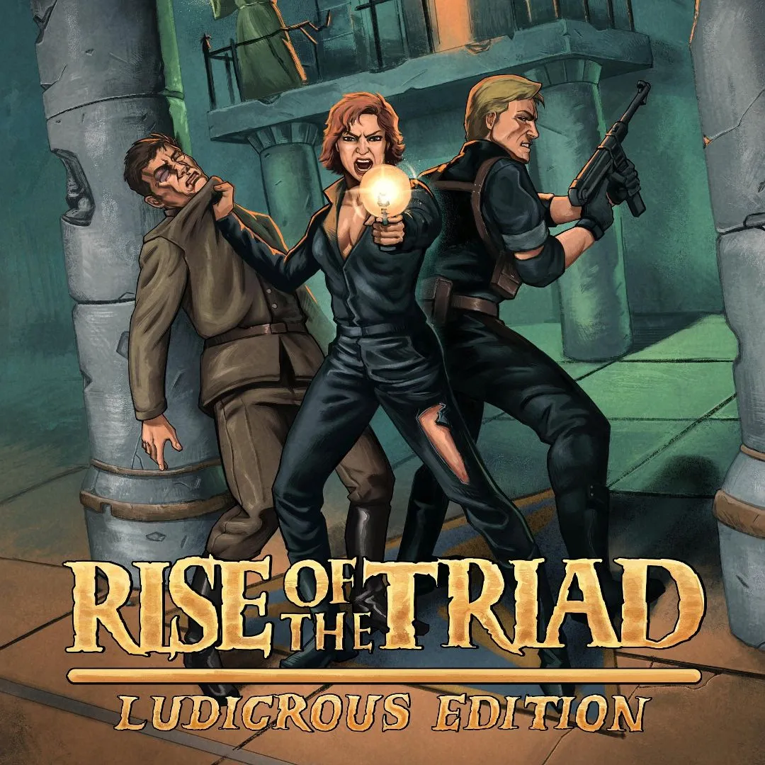 Hình ảnh nhân vật chính trong game Rise of the Triad: Ludicrous Edition đang bắn súng, thể hiện lối chơi FPS nhanh, bạo lực và đồ họa retro được nâng cấp.
