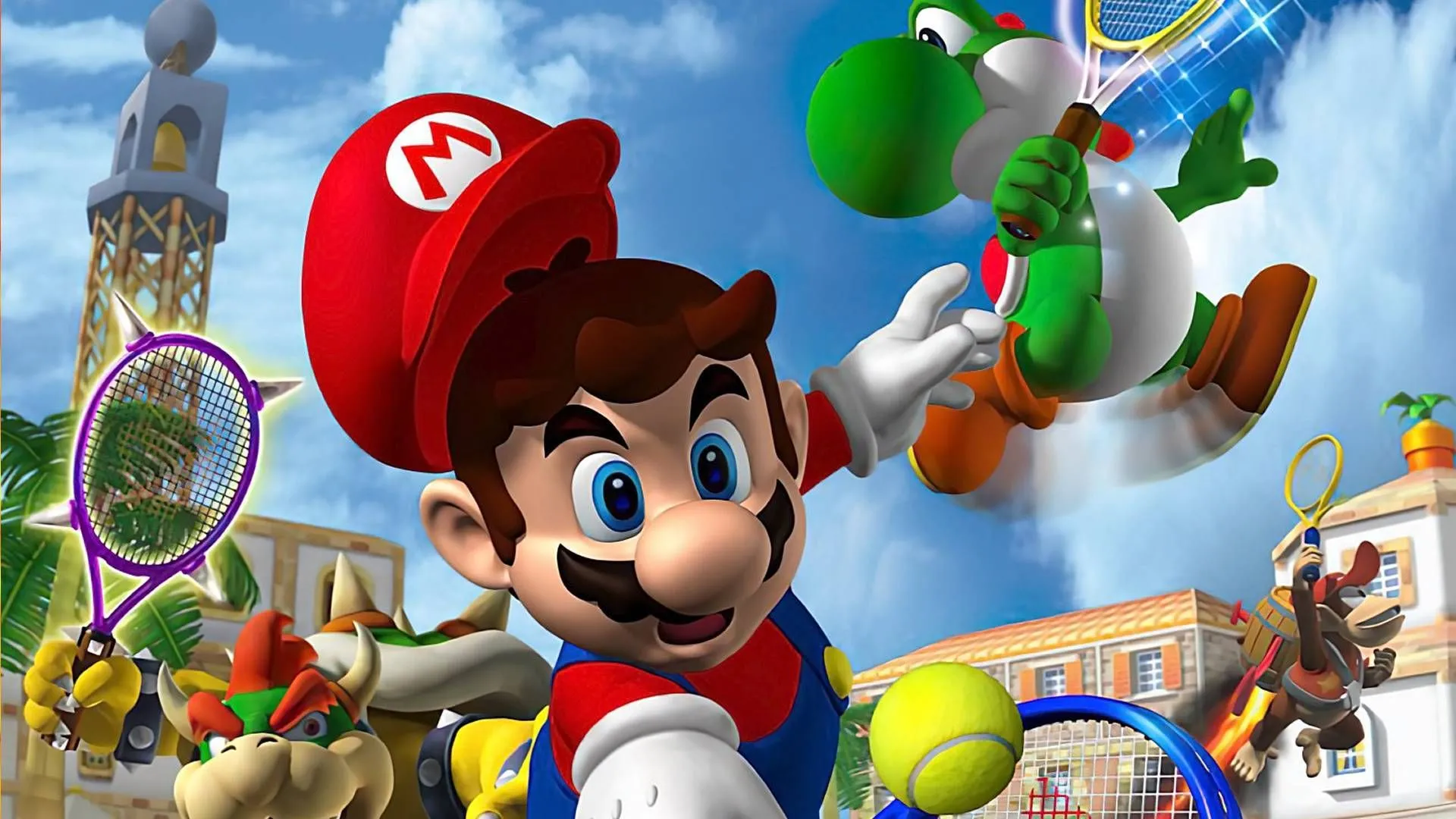 Hình ảnh nhân vật Mario, Bowser, Yoshi và Diddy Kong đang chơi tennis trong Mario Power Tennis.