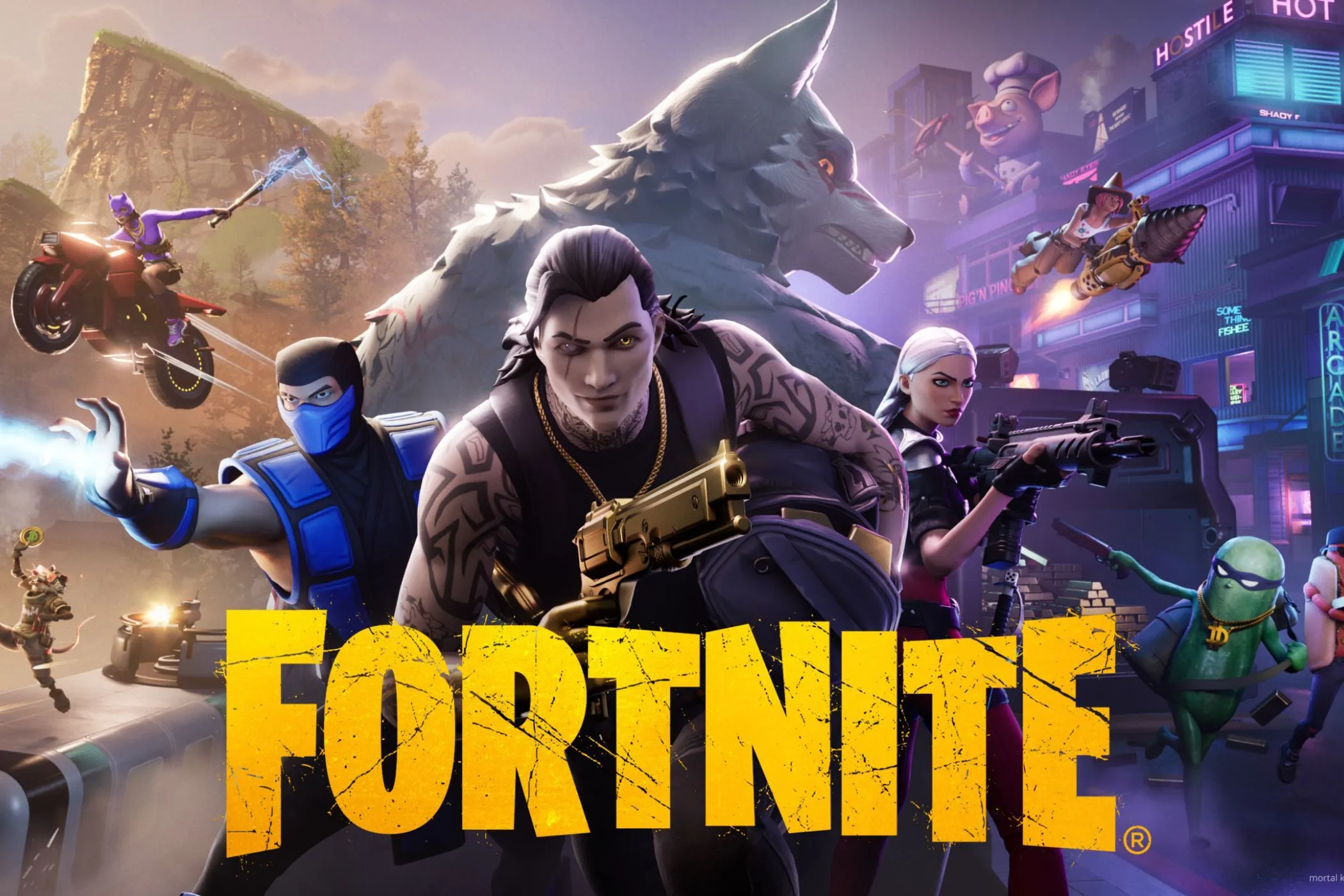 Hình ảnh quảng bá Fortnite với các nhân vật và sói, game đã định hình thể loại Battle Royale.