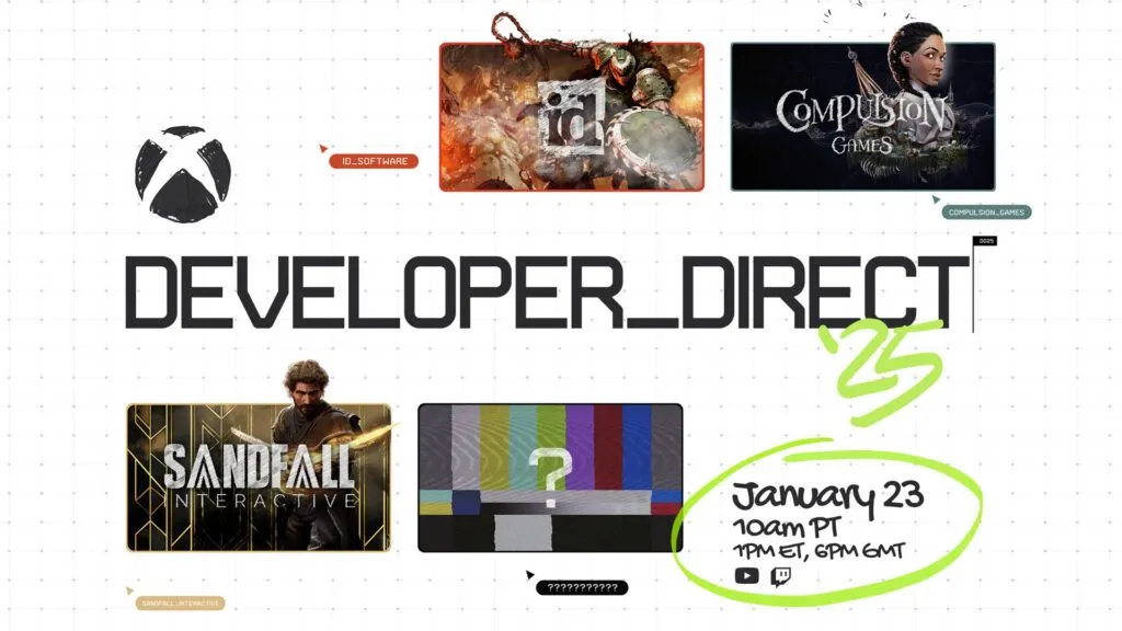 Hình ảnh quảng bá sự kiện Xbox Developer_Direct 2025 với ba tựa game chính và ngày diễn ra sự kiện