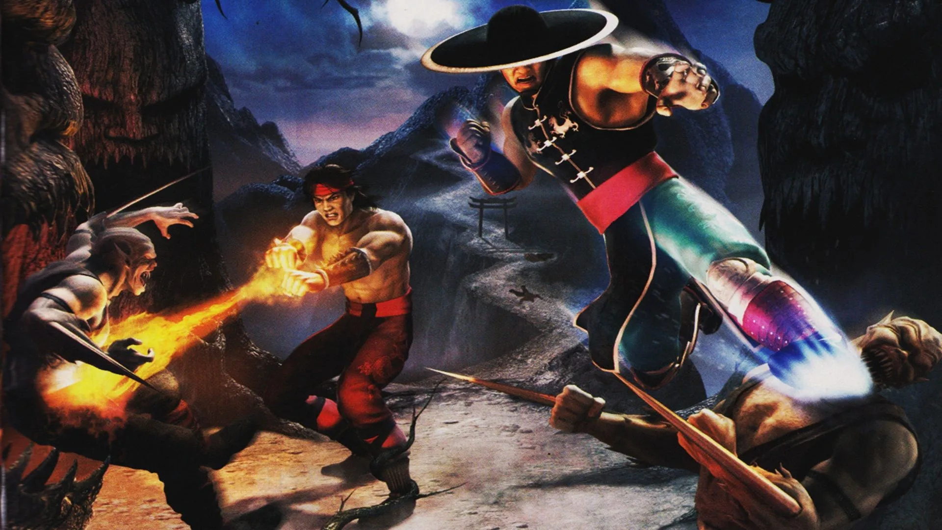 Hình ảnh quảng cáo Mortal Kombat: Shaolin Monks với Liu Kang và Kung Lao, biểu tượng của tựa game spin-off được yêu thích