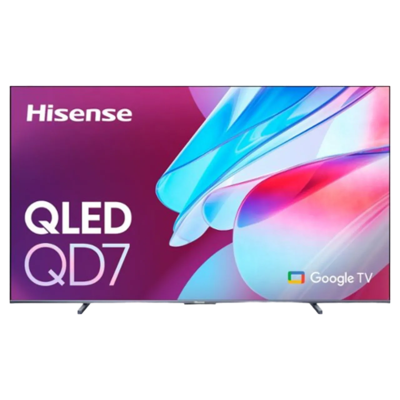 Hình ảnh render chiếc Smart TV Hisense QD7 Series QLED 4K UHD với Google TV, hiển thị màn hình rực rỡ và thiết kế viền mỏng