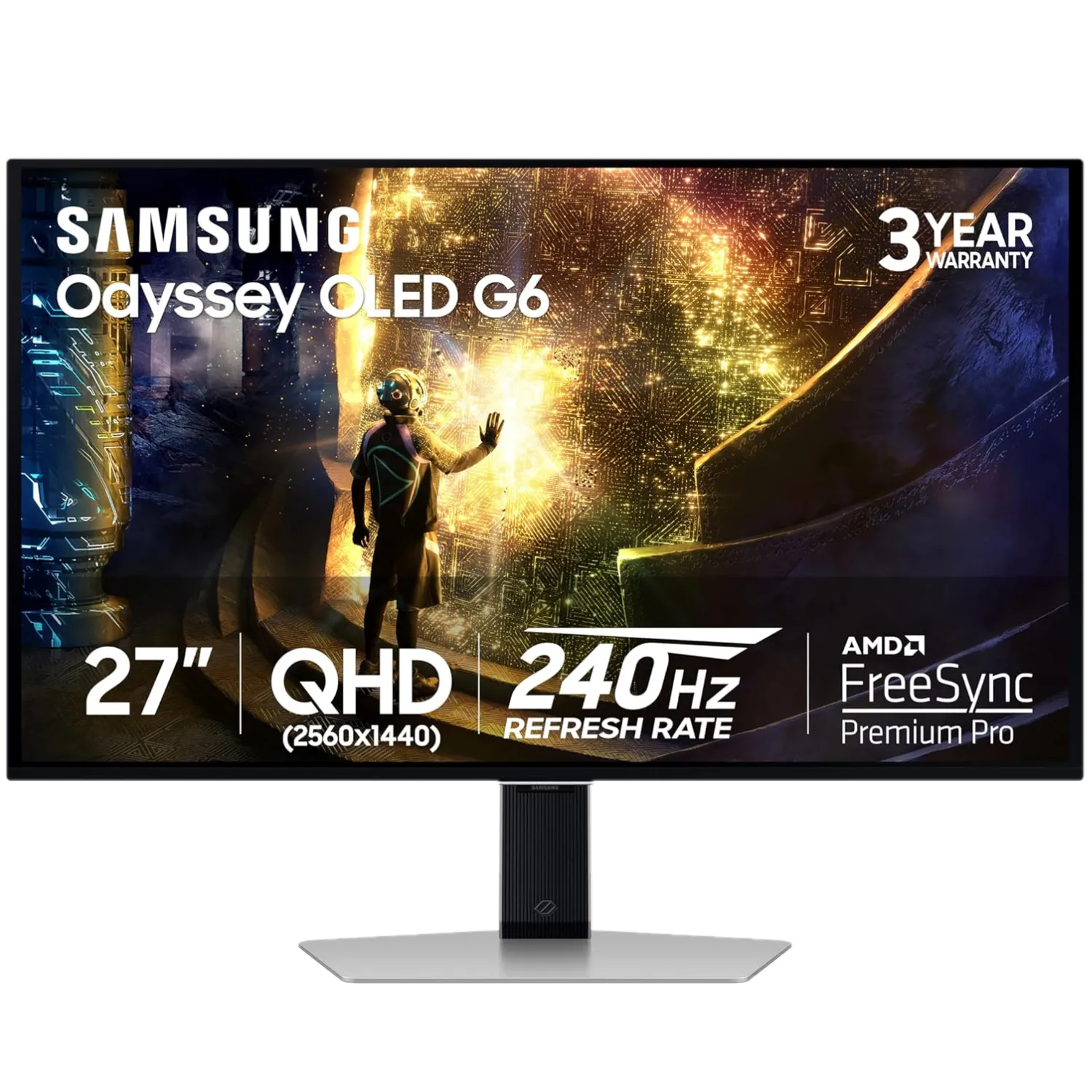 Hình ảnh render trong suốt của một màn hình chơi game Samsung Odyssey QD-OLED G6 màu bạc