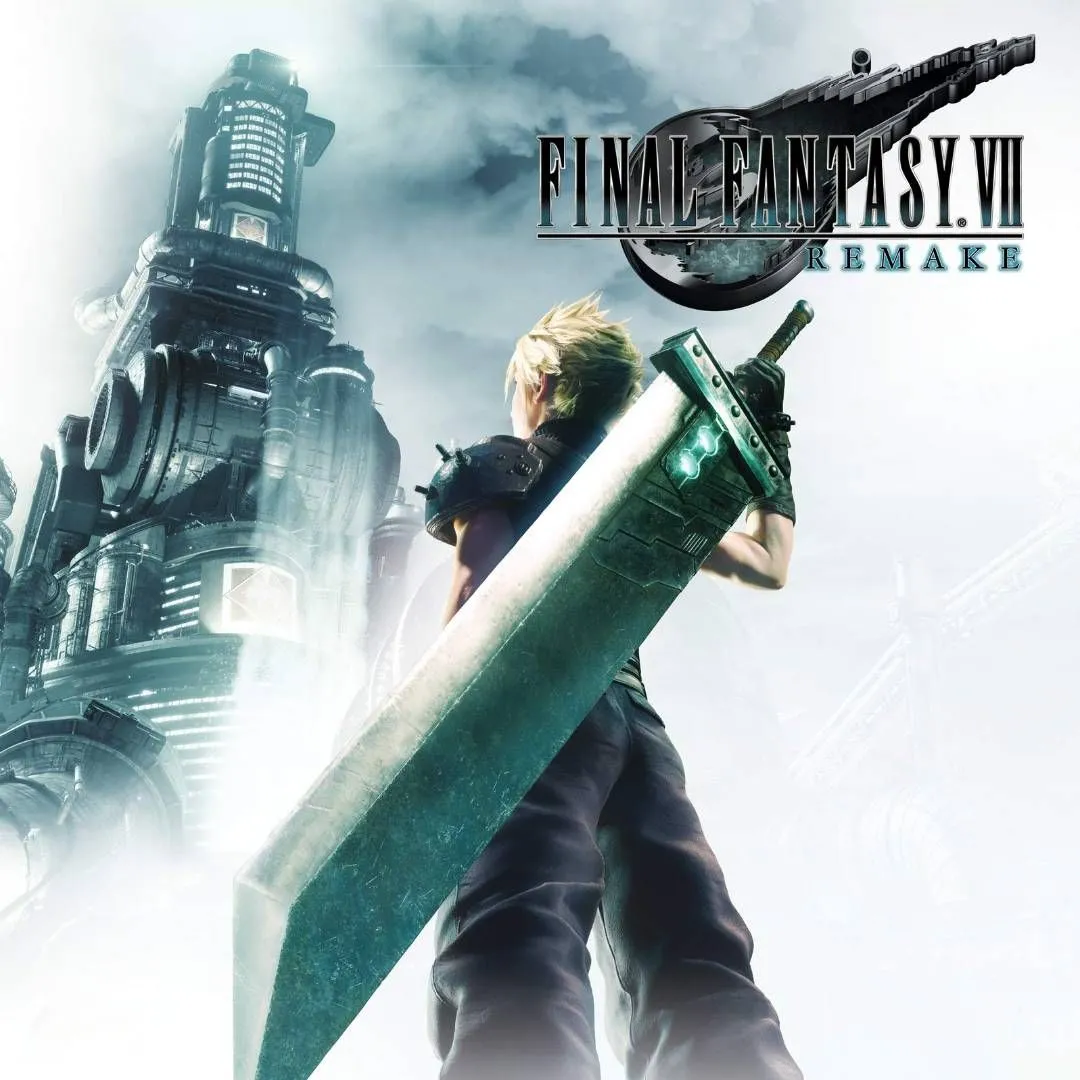 Hình ảnh sản phẩm game Final Fantasy VII Remake, với Cloud Strife và Buster Sword của anh ấy.