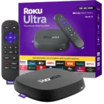 Hình ảnh thiết bị streaming Roku Ultra 2024 và điều khiển giọng nói Roku Voice Remote Pro, thể hiện công nghệ giải trí 4K cao cấp