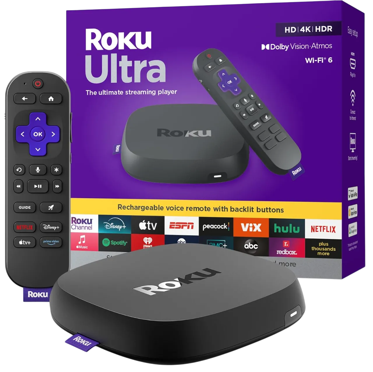 Hình ảnh thiết bị streaming Roku Ultra 2024 và điều khiển giọng nói Roku Voice Remote Pro, thể hiện công nghệ giải trí 4K cao cấp