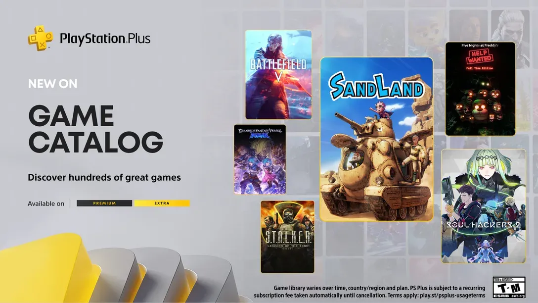 Hình ảnh tổng hợp các game nổi bật của PlayStation Plus tháng 5 bao gồm Sand Land, Five Nights at Freddy's và Battlefield V