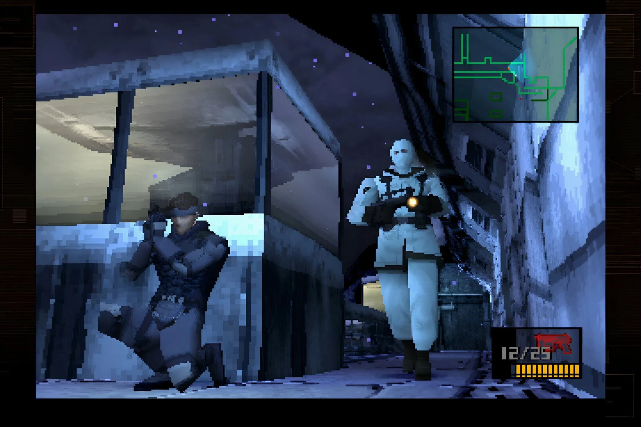 Hình ảnh từ game Metal Gear Solid (1998) với lính gác đang tuần tra, minh họa lối chơi lén lút đặc trưng.