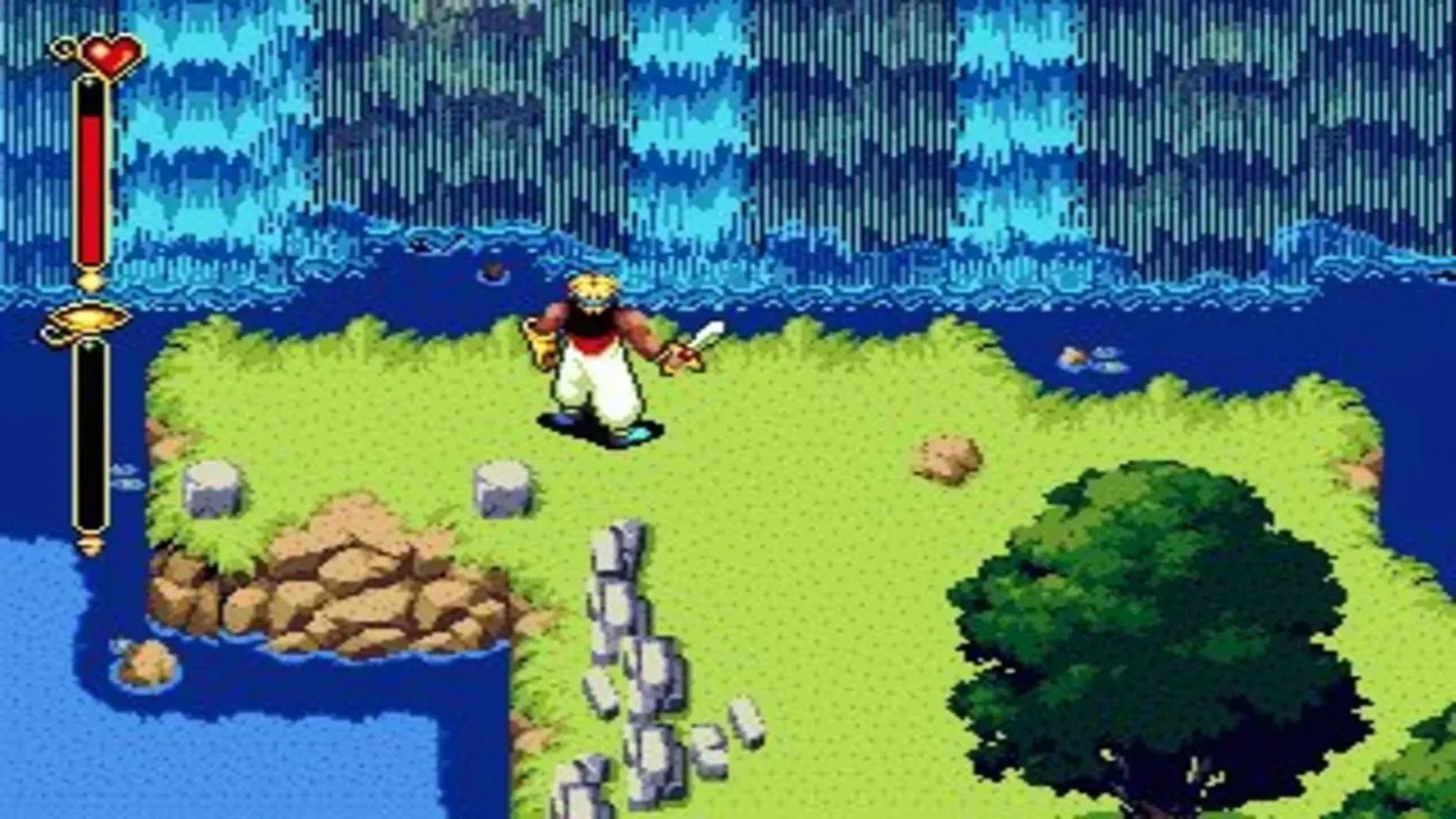 Hoàng tử Ali khám phá thế giới trong Beyond Oasis, tựa game RPG kinh điển của Sega Genesis