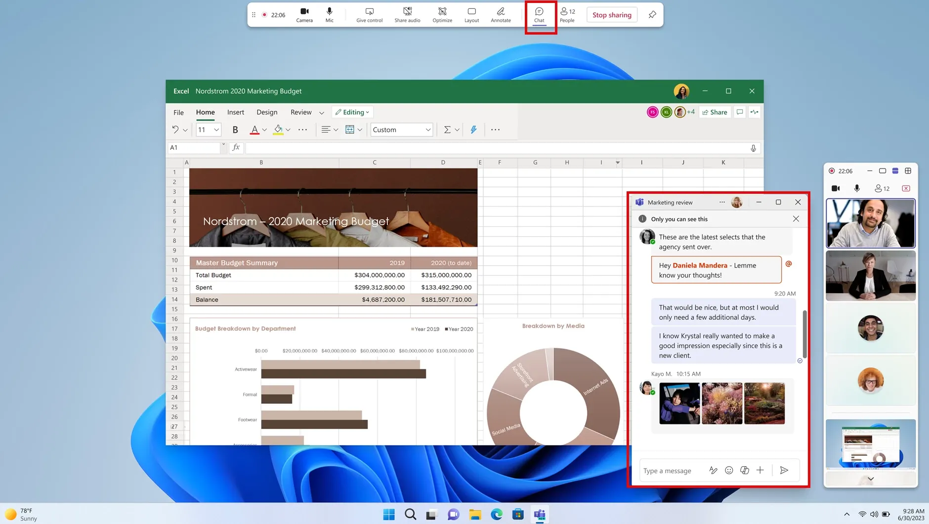 Hộp chat riêng tư trong Microsoft Teams cho người chia sẻ màn hình