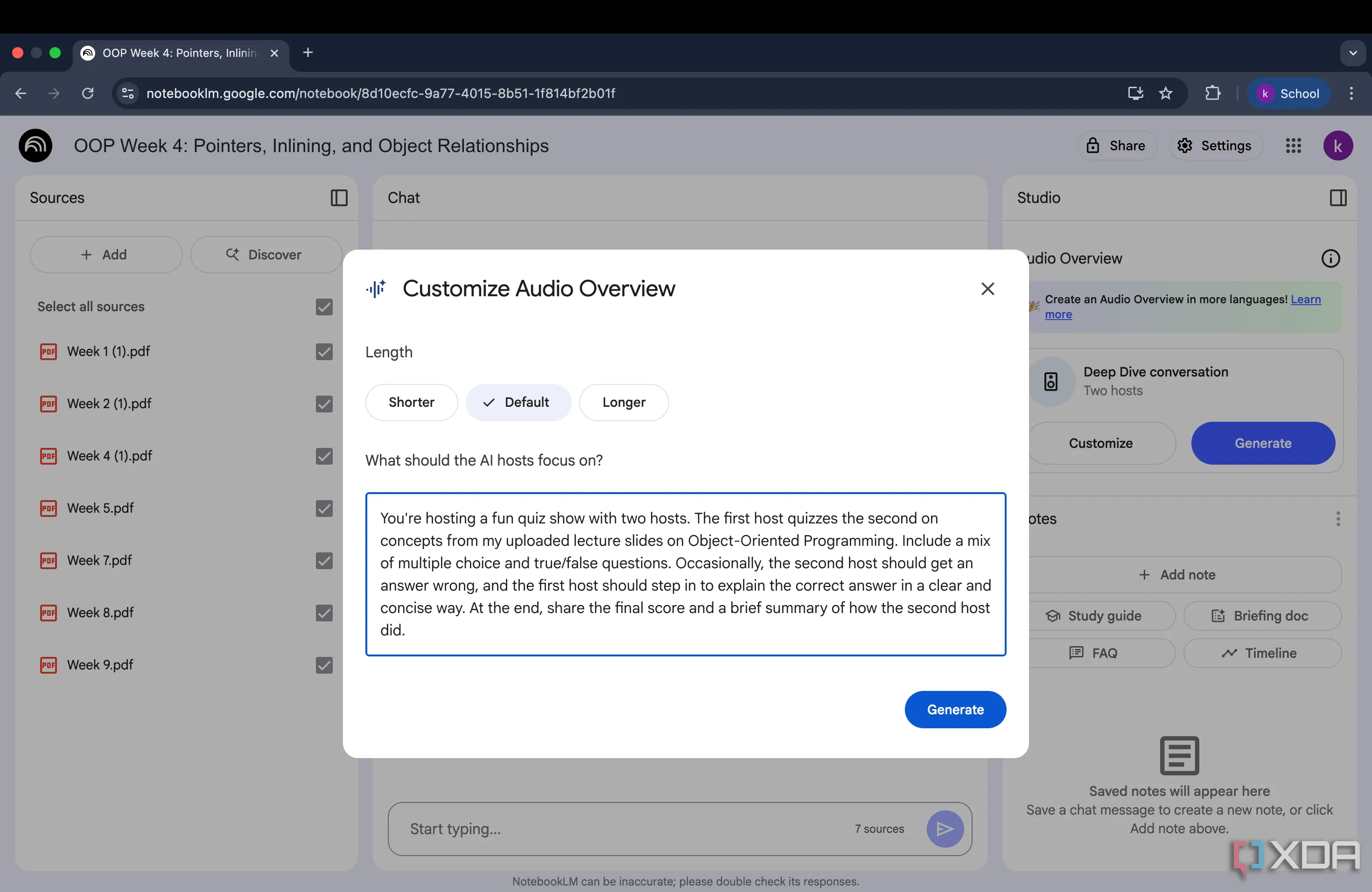 Hộp tùy chỉnh tính năng Audio Overview trong Google NotebookLM với prompt tạo quiz show hấp dẫn.